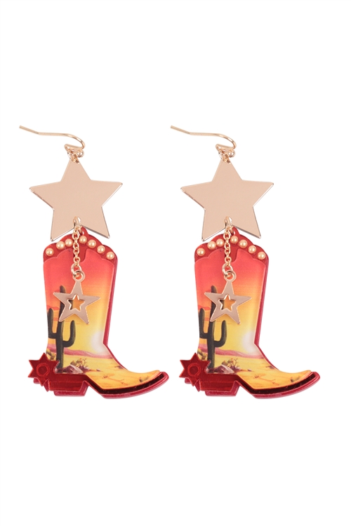 A1-1-4-ME90649RED - RODEO BOOTS WESTERN ACRYLIC DROP EARRINGS-RED/1PC