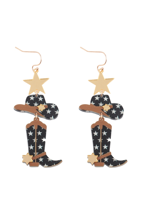 S1-2-2-ME90651BK - WESTERN COWBOY STAR BOOTS HAT LAYERED DROP EARRINGS-BLACK/1PC