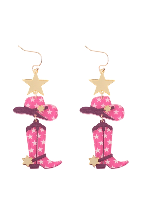 S1-2-2-ME90651FCH - WESTERN COWBOY STAR BOOTS HAT LAYERED DROP EARRINGS-FUCHSIA/1PC