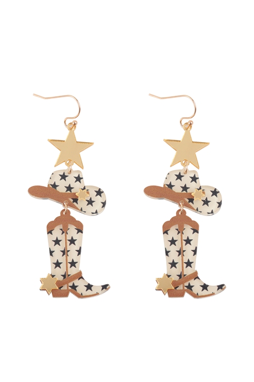 S1-2-2-ME90651IVY - WESTERN COWBOY STAR BOOTS HAT LAYERED DROP EARRINGS-IVORY/1PC