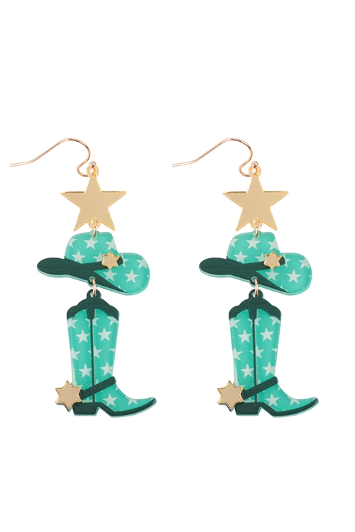 S1-2-2-ME90651TQS - WESTERN COWBOY STAR BOOTS HAT LAYERED DROP EARRINGS-TURQUOISE/1PC