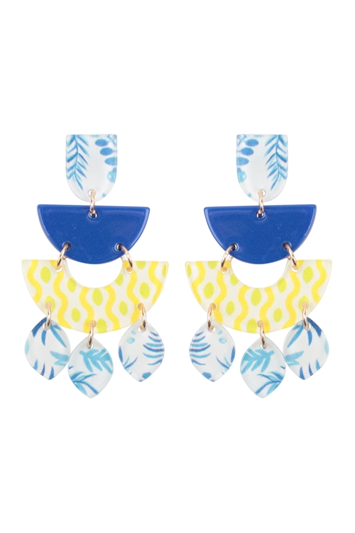 S1-4-2-ME90656BLU - FLORAL PRINT GEOMETRIC SHAPE POST DANGLING EARRINGS-BLUE/1PC