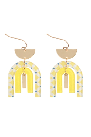 S4-4-3-ME90694YEL - SPRING PRINT ACRYLIC ARC SHAPE FISH HOOK EARRINGS-YELLOW/1PC