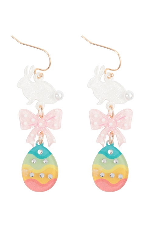 S1-8-3-ME90721MLT - EASTER BUNNY, EGG, 3 DROP ACRYLIC EARRINGS-MULTICOLOR/6PCS