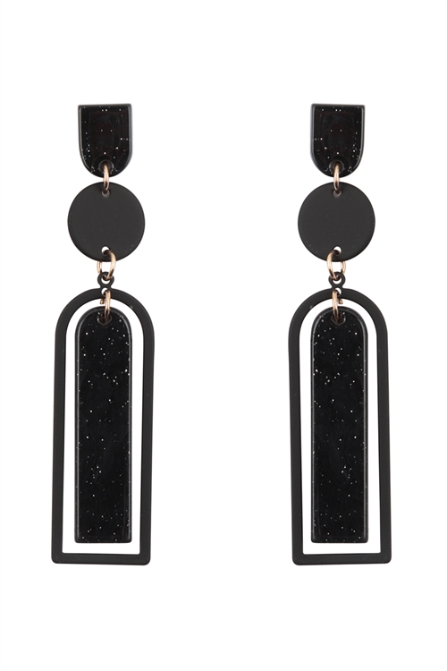 A1-2-3-ME90800BK - GLITTER ARCH BAR ACETATE DROP EARRINGS-BLACK/1PC (NOW $2.50 ONLY!)