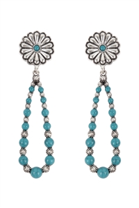 S1-5-3-ME90940AR - WESTERN CONCHO FLOWER NATURAL STONE DROP EARRINGS-SILVER BURNISH TURQUOISE/1PC