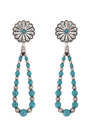 S1-5-3-ME90940AR - WESTERN CONCHO FLOWER NATURAL STONE DROP EARRINGS-SILVER BURNISH TURQUOISE/1PC