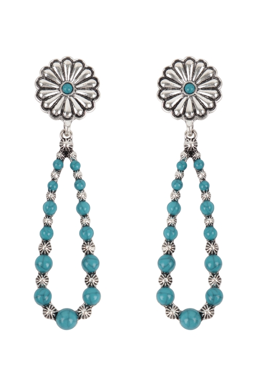 S1-5-3-ME90940AR - WESTERN CONCHO FLOWER NATURAL STONE DROP EARRINGS-SILVER BURNISH TURQUOISE/1PC
