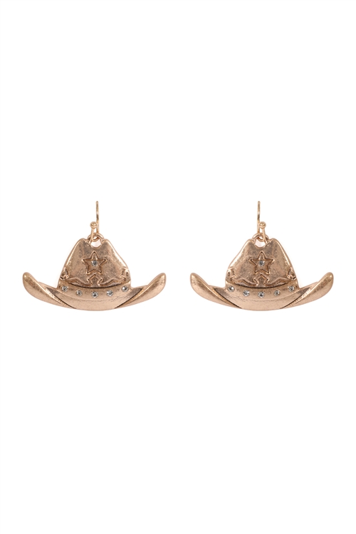 A2-2-1-ME91500WG - RODEO HAT WITH RHINESTONE HOOK EARRINGS-MATTE GOLD/1PC