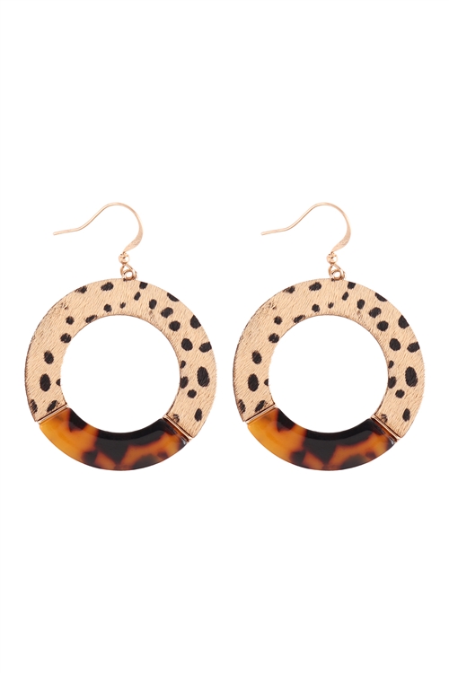 A3-2-2-ME9489CH-BRW - GENUINE LEATHER & TORTOISE ROUND EARRINGS - CHEETAH BROWN/6PCS