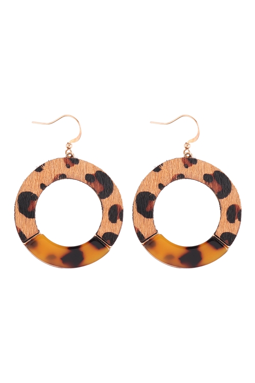 A3-2-2-ME9489L-BRW - GENUINE LEATHER & TORTOISE ROUND EARRINGS - LEOPARD BROWN/6PCS