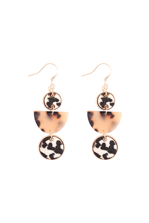 A3-2-2-ME9492B-WHT - GENUINE LEATHER  W/ HALF TORTOISE LINK DROP EARRINGS - DALMATIAN WHITE/6PCS