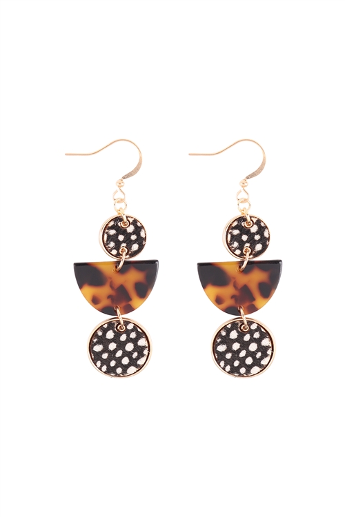 A3-2-2-ME9492CH-BLK - GENUINE LEATHER  W/ HALF TORTOISE LINK DROP EARRINGS - CHEETAH BLACK/6PCS