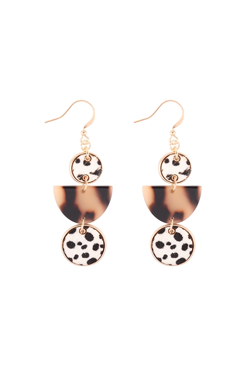 A3-2-2-ME9492CH-WHT - GENUINE LEATHER  W/ HALF TORTOISE LINK DROP EARRINGS - CHEETAH WHITE/6PCS