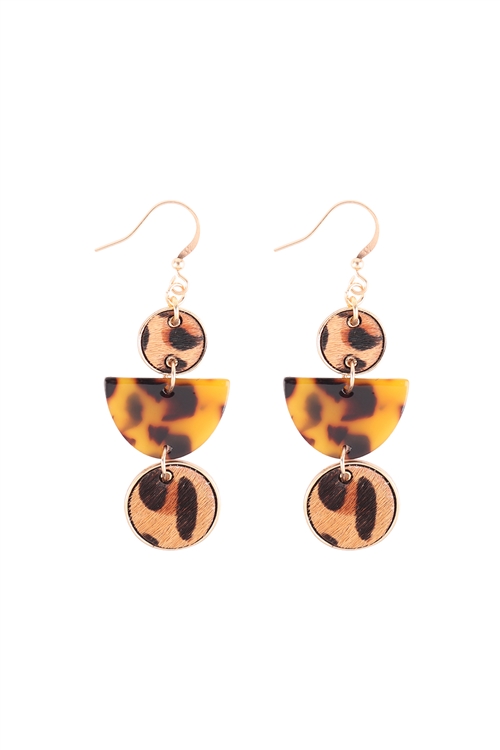 A3-2-2-ME9492L-BRW - GENUINE LEATHER  W/ HALF TORTOISE LINK DROP EARRINGS - LEOPARD BROWN/6PCS (NOW $1.50 ONLY!)