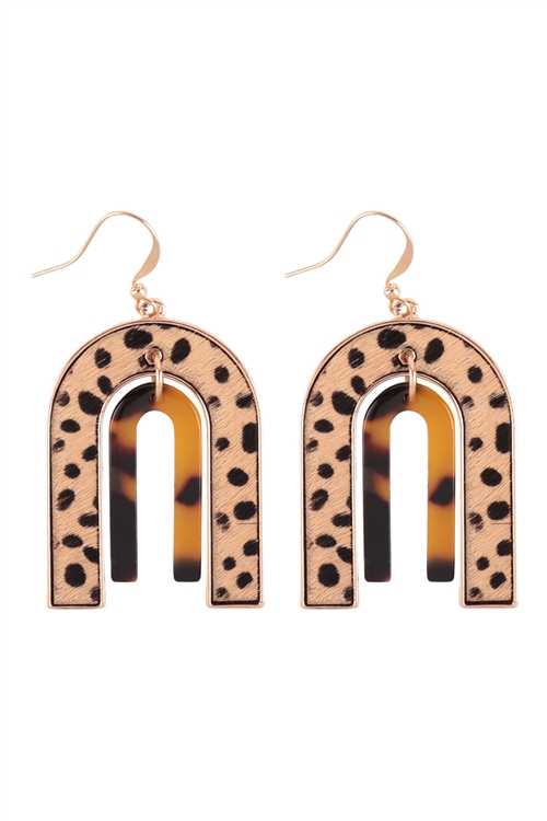 SA3-2-2-ME9553CH-BRW - ANIMAL PRINT & TORTOISE U SHAPE UPSIDE DOWN HOOK EARRINGS - CHEETAH BROWN/6PCS