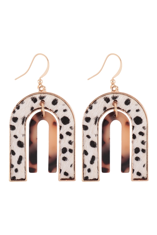 SA3-2-2-ME9553CH-WHT - ANIMAL PRINT & TORTOISE U SHAPE UPSIDE DOWN HOOK EARRINGS - CHEETAH WHITE/6PCS