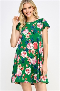 S38-1-1-MF-MD1119-18-GN - FLUTTER SLEEVE ROUND NECK FLORAL KNIT DRESS- GREEN 2-2-2