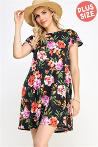 S38-1-1-MF-MD1119-18X-BK - PLUS SIZE FLUTTER SLEEVE ROUND NECK FLORAL KNIT DRESS- BLACK 2-2-2