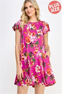 S38-1-1-MF-MD1119-18X-FCH - PLUS SIZE FLUTTER SLEEVE ROUND NECK FLORAL KNIT DRESS- FUCHSIA 2-2-2