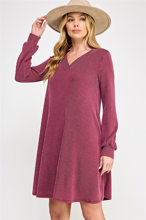 S38-1-1-MF-MD1150-BU - TEXTURED CURVY RIB V NECK LONG SLEEVE FLARED DRESS- BURGUNDY 2-2-2-2