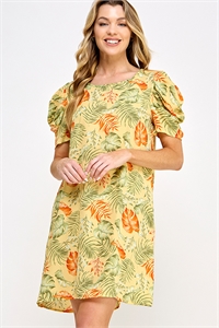 S38-1-1-MF-MD4578-1-YLWMLT - ROUND NECK PUFF SLEEVE SIDE POCKET FLORAL MINI DRESS- YELLOW MULTI 2-2-2-2
