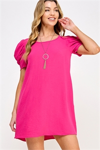 S38-1-1-MF-MD4578-FCH - ROUND NECK PUFFED SHORT SLEEVE POCKET SOLID MINI DRESS- FUCHSIA 2-2-2-2