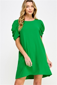 S38-1-1-MF-MD4578-GN - ROUND NECK PUFFED SHORT SLEEVE POCKET SOLID MINI DRESS- GREEN 2-2-2-2
