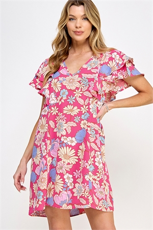 S38-1-1-MF-MD4580-1-FCHMLT - V NECK FLUTTER SLEEVE WOVEN FLORAL MINI DRESS- FUCHSIA MULTI 2-2-2-2