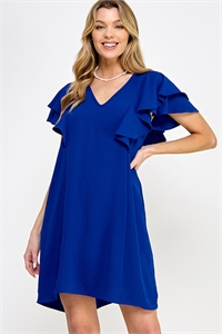 S38-1-1-MF-MD4580-RYLBL - V NECK FLUTTER SLEEVE RUFFLE DETAIL SOLID WOVEN DRESS- ROYAL BLUE 2-2-2-2