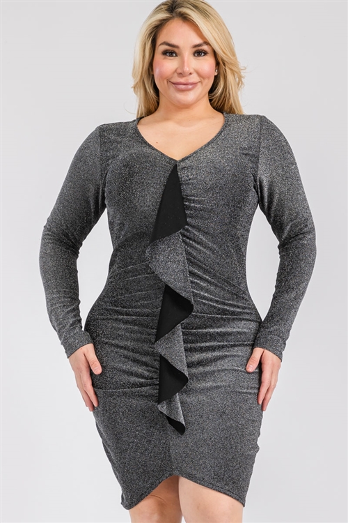 S38-1-1-MF-MD7665D-BKSLV - PLUS SIZE METALLIC FLOWING RUFFLE RUCHED KNIT DRESS- BLACK SILVER 2-2-2