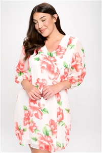 S38-1-1-MF-MD7688D-IVRD - PLUS SIZE FLORAL PRINT V NECK 3/4 SLEEVE DRESS- IVORY/RED 2-2-2