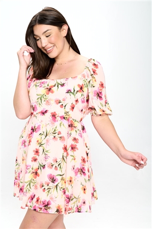 S38-1-1-MF-MD7699D-BLS - PLUS SIZE CHIFFFON FLORAL PRINT SHORT SLEEVE DRESS- BLUSH 2-2-2