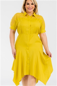 S38-1-1-MF-MD8331D-MU - PLUS SIZE LACE CONTRAST HANKERCHIEF HEM DRESS- MUSTARD 2-2-2