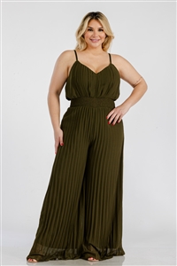 S38-1-1-MF-MP7937P-OV - PLUS SIZE PLEATED SMOCKED WAIST WIDE LEG JUMPSUIT- OLIVE 2-2-2