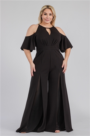 S38-1-1-MF-MP8505P-BK - PLUS SIZE CHIFFON CONTRAST WIDE LEG WOVEN JUMPSUIT- BLACK 2-2-2