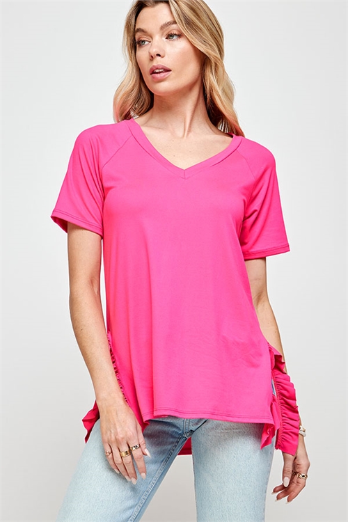 S38-1-1-MF-MT2528-FCH - SIDE RUFFLE DETAIL V NECK SOLID TOP- FUCHSIA 2-2-2