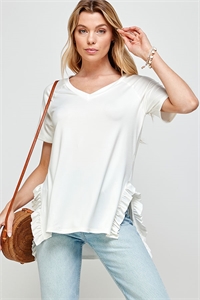 S38-1-1-MF-MT2528-IV - SIDE RUFFLE DETAIL V NECK SOLID TOP- IVORY 2-2-2