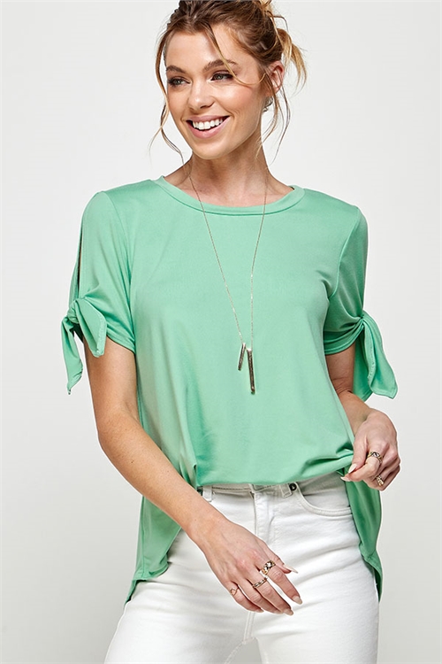 S38-1-1-MF-MT2534-LTJD - OPEN SLEEVE AND RIBBON TIE ACCENT SOLID TOP- JADE 2-2-2