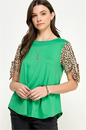 S38-1-1-MF-MT2534C-GN - CONTRAST LEOPARD TIED SLEEVE SOLID KNIT TOP- GREEN 2-2-2