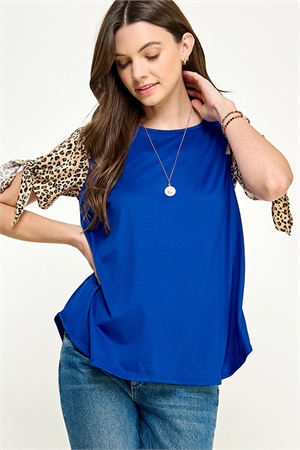 S38-1-1-MF-MT2534C-RYLBL - CONTRAST LEOPARD TIED SLEEVE SOLID KNIT TOP- ROYAL BLUE 2-2-2