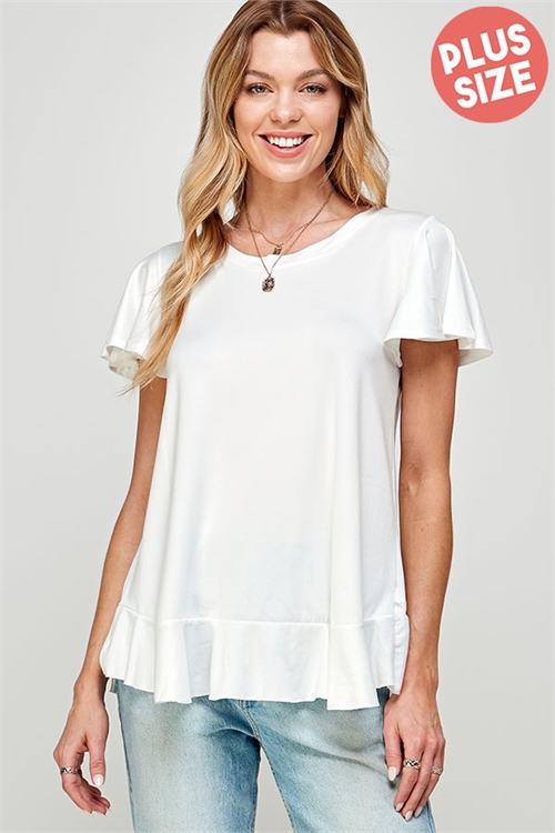 S38-1-1-MF-MT2537X-IV - PLUS SIZE FLUTTER SLEEVE RUFFLE DETAIL SOLID TOP- IVORY 2-2-2