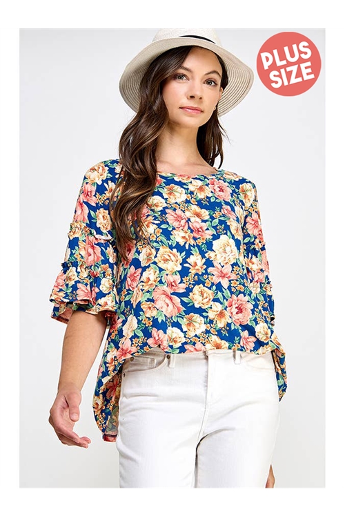 S38-1-1-MF-MT2538-3X-BL - PLUS SIZE TIERED BELL SLEEVE FLORAL KNIT TOP- BLUE 2-2-2