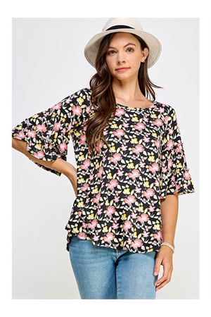 S38-1-1-MF-MT2538-4-BK - TIERED RUFFLED BELL SLEEVE FLORAL KNIT TOP- BLACK 2-2-2