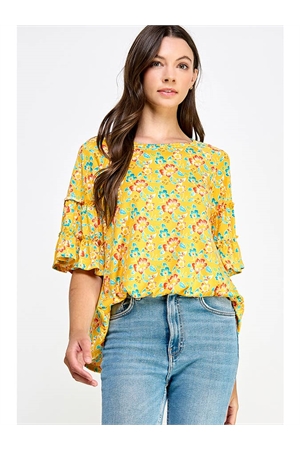 S38-1-1-MF-MT2538-4-MU - TIERED RUFFLED BELL SLEEVE FLORAL KNIT TOP- MUSTARD 2-2-2