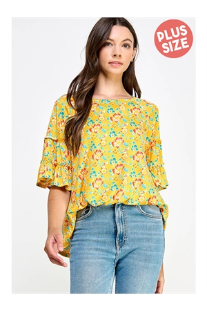 S38-1-1-MF-MT2538-4X-MU - PLUS SIZE TIERED RUFFLED BELL SLEEVE FLORAL KNIT TOP- MUSTARD 2-2-2