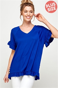 S38-1-1-MF-MT2549X-RYLBL - PLUS SIZE STRIPED CONTRAST RUFFLE TIERED KNIT TOP- ROYAL BLUE 2-2-2