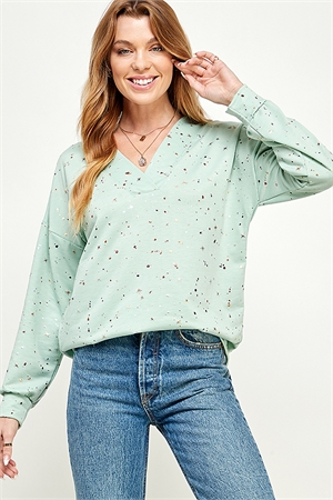 S32-1-1-MF-MT2567-SG - RELAXED FIT V NECK LONG SLEEVE GOLD FOIL TOP- SAGE 2-2-2