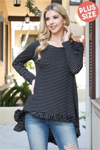 S32-1-1-MF-MT2569-2X-BK - PLUS SIZE ROUND NECK RUFFLED HI-LO HEM STRIPE TOP- BLACK 2-2-2