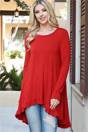 S32-1-1-MF-MT2569-RU - ROUND NECK HIGH LOW HEM RUFFLE DETAIL SOLID TOP- RUST 2-2-2